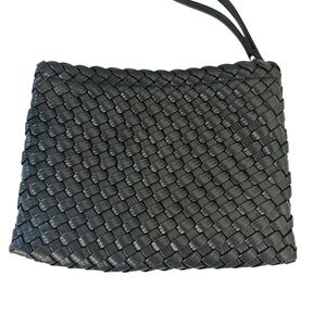 Rachel Zoe Black Woven Faux Leather Wristlet Clutch EUC Minimalist